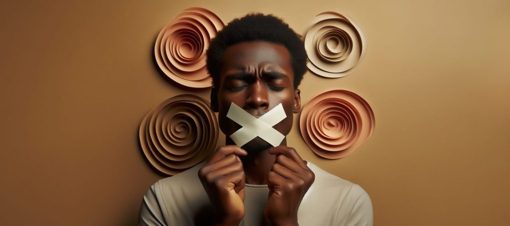 Un homme noir bâillonné mais qui souhaiterait s'exprimer, représentant donc une limite à la liberté d'expression